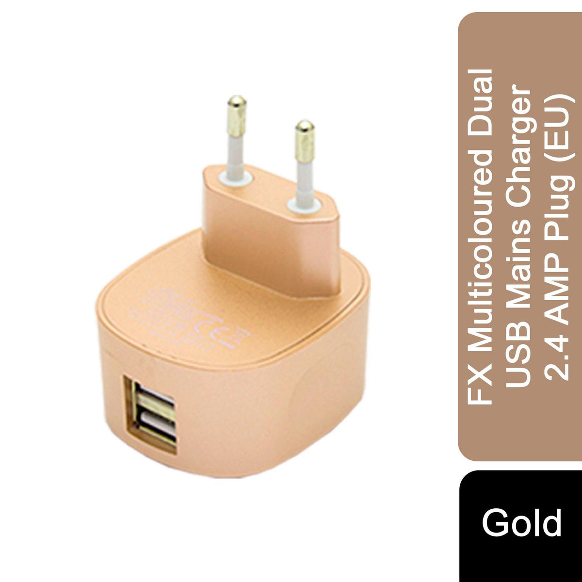 FX Multicoloured Dual USB Mains Charger, 2.4A with LED Light – Fast Charging Plug (EU), Gold