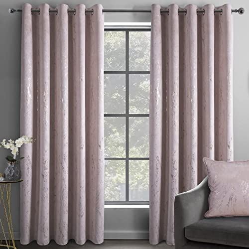 Sleepdown Marble Effect Blackout Eyelet Curtains, Velvet Look Ready Made Pair – 46 x 54 Inch, Blush