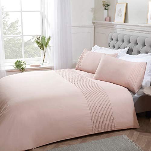 Sleepdown Pintuck Pleated Striped Duvet Cover Set with Pillowcases – Modern Bedding Set, Blush