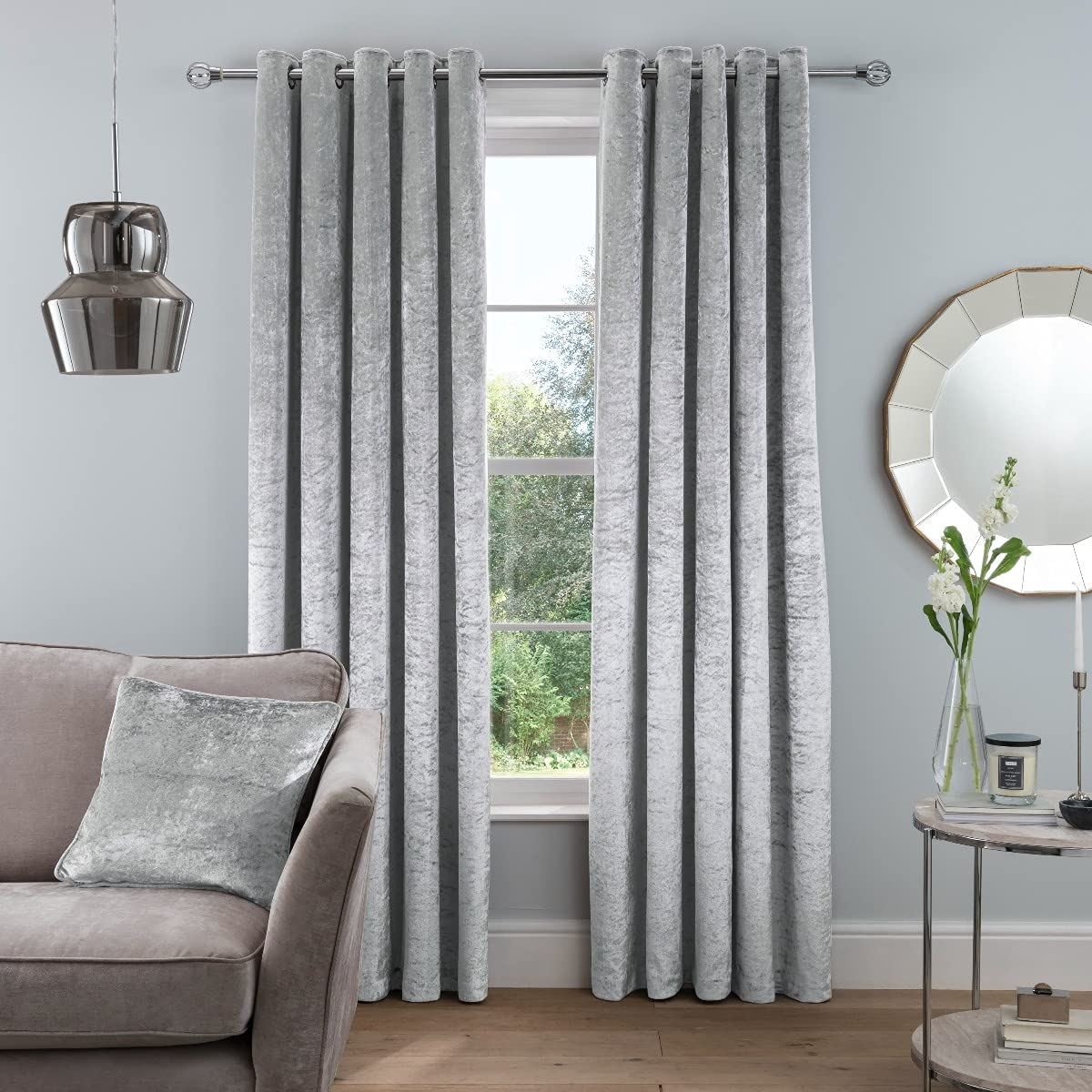 Silver crushed velvet eyelet curtains