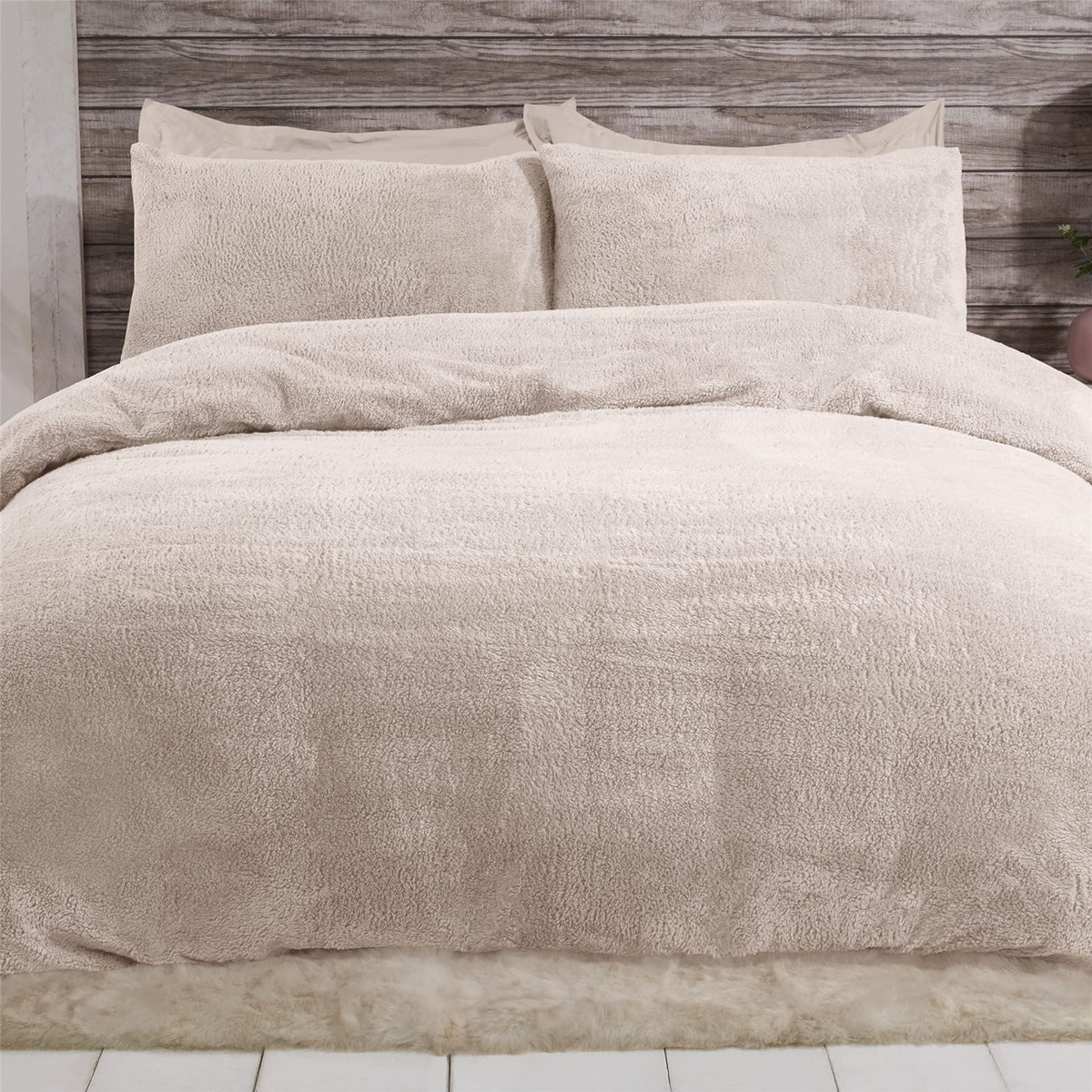 Sleepdown Teddy Fleece Duvet Cover Set with Pillowcase – Cosy Fleece Bedding for Winter, Natural