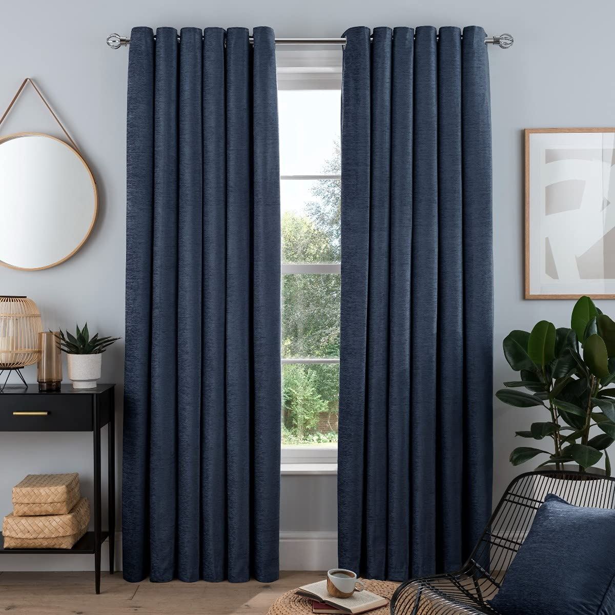 Sleepdown Chenille Eyelet Curtains, Lined Ready Made Pair – 46 x 54 Inch, Navy