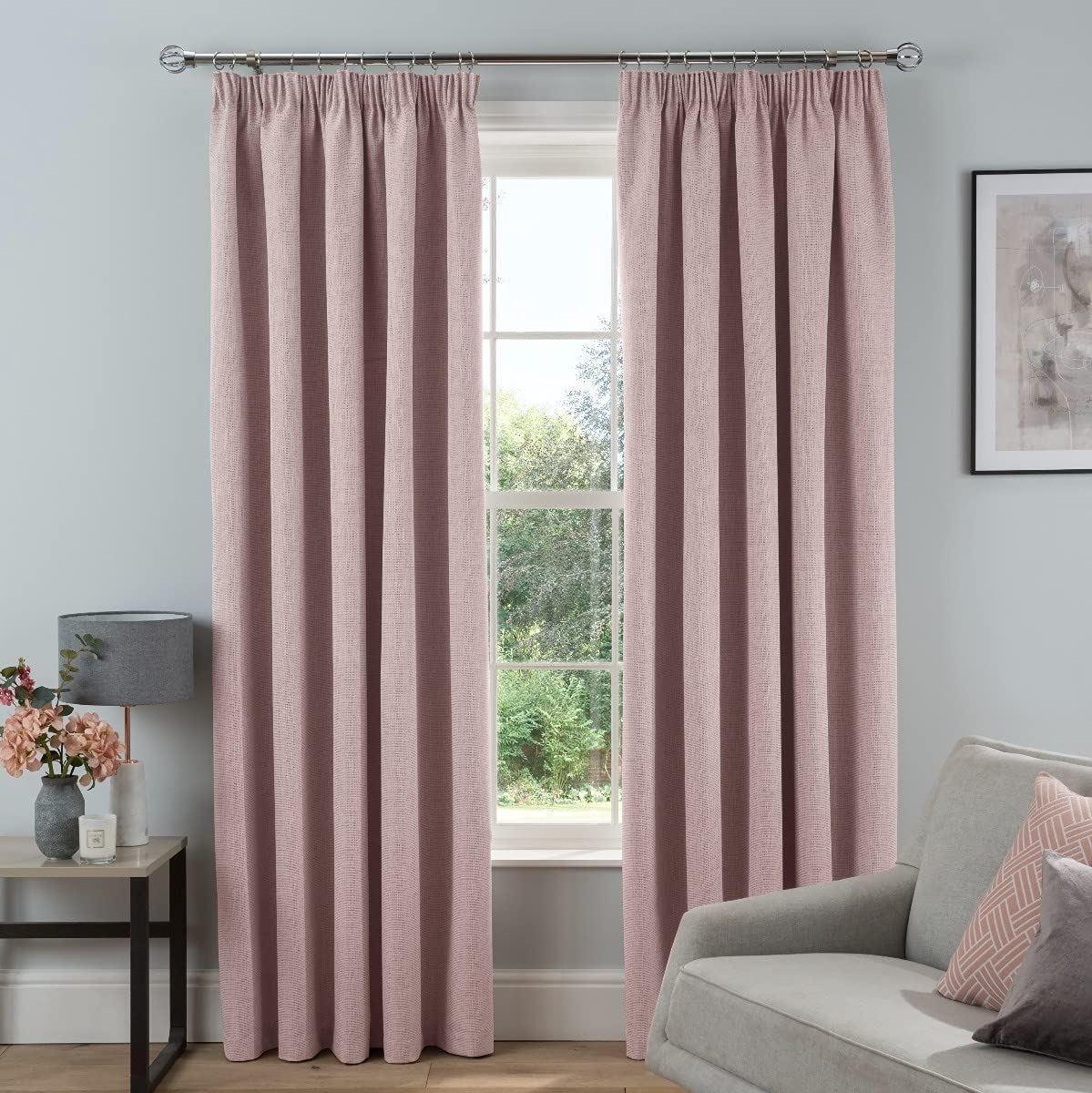 Sleepdown Textured Rib Weave Blackout Pencil Pleat Curtains, 46 x 54 – Thermal Lined Ready-Made Pair, Blush