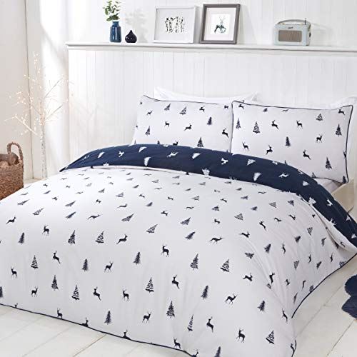 Sleepdown Ditsy Stags & Trees Reversible Duvet Cover Set with 2 Pillowcases – Brushed Cotton Bedding, Navy