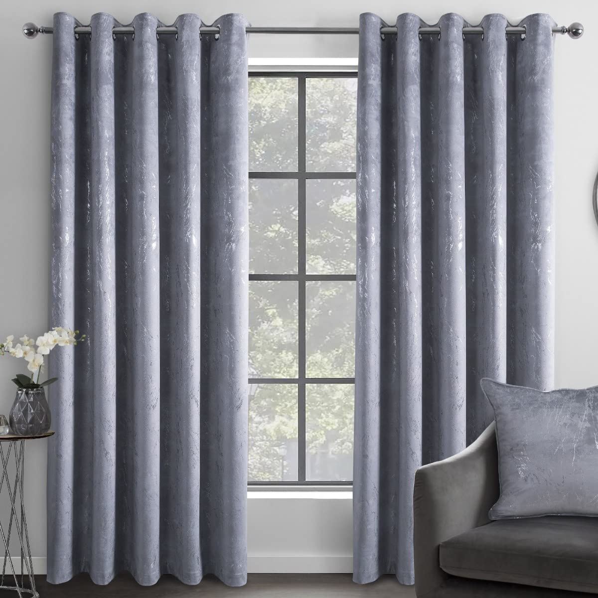 Sleepdown Marble Effect Blackout Eyelet Curtains, Velvet Look Ready Made Pair – 46 x 54 Inch, Grey