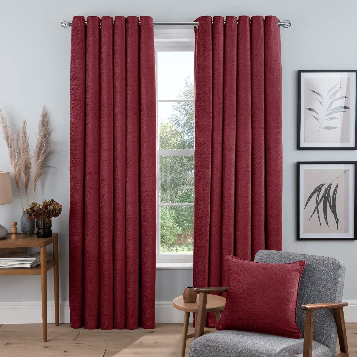 Sleepdown Chenille Eyelet Curtains, Lined Ready Made Pair – 46 x 54 Inch, Red