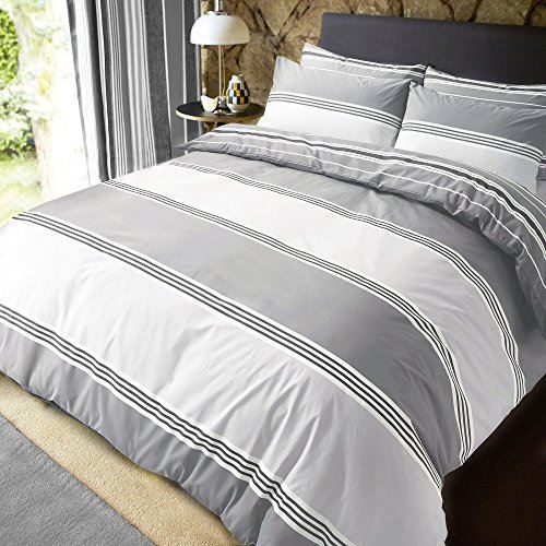 Sleepdown Banded Stripe Reversible Polycotton Duvet Cover Set with Pillowcases – Modern Bedding, Grey