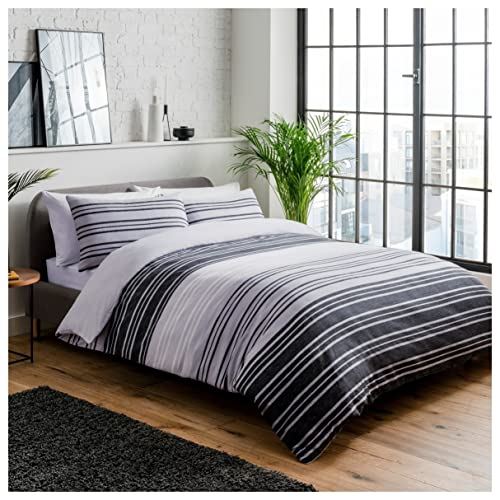 Sleepdown Textured Stripe Duvet Cover Set with Pillowcases – Polycotton Bedding, Black and White