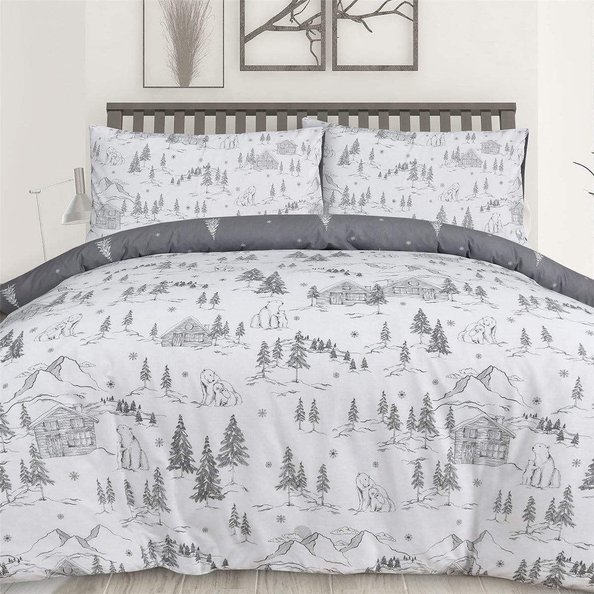Sleepdown Mountain Polar Bear Reversible Duvet Cover Set with 2 Pillowcases – Winter Bedding, Grey