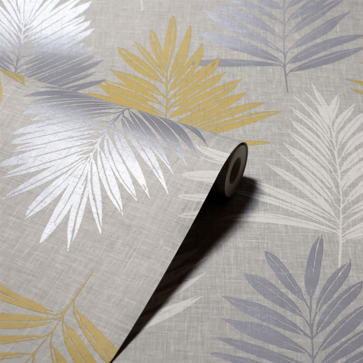 Arthouse Linen Palm Wallpaper, Ochre, Silver & Grey – Leaf Design on Linen Effect Background