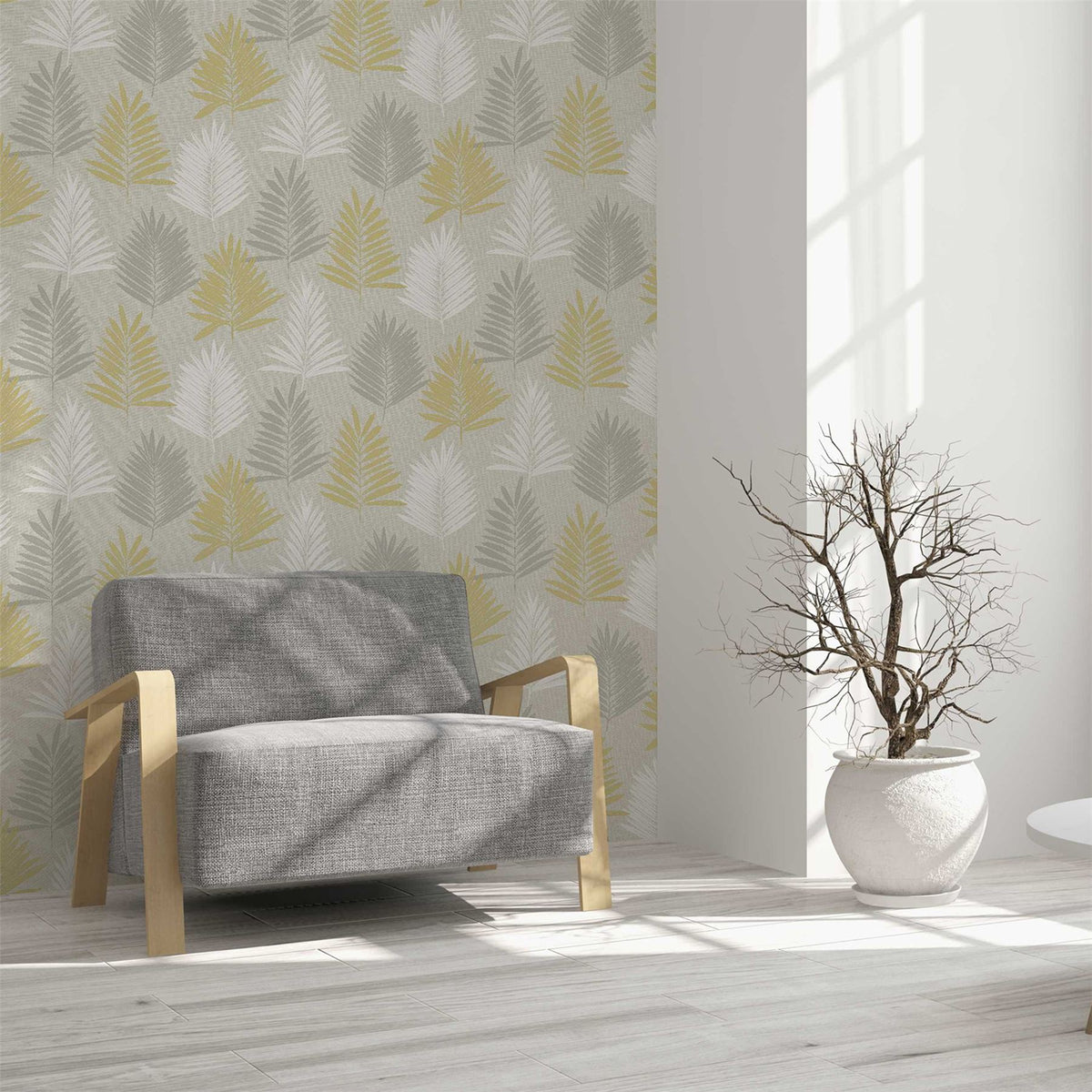 Arthouse Linen Palm Wallpaper, Ochre, Silver & Grey – Leaf Design on Linen Effect Background