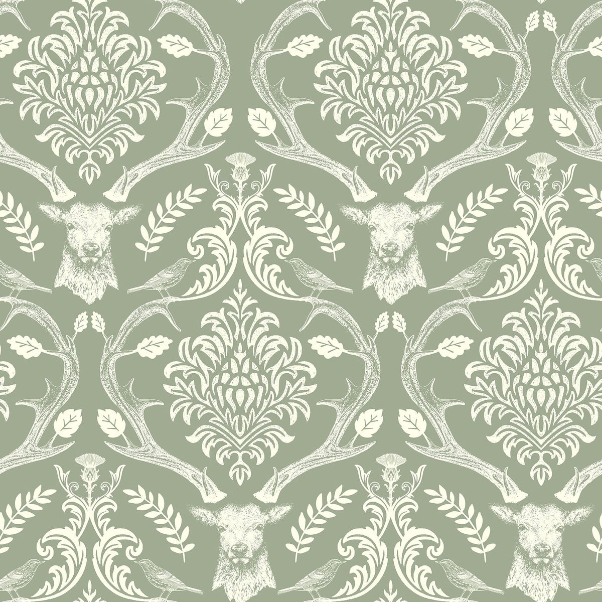 Arthouse Stag Damask Wallpaper, Sage Green – Traditional Stag, Thistle & Bird Design