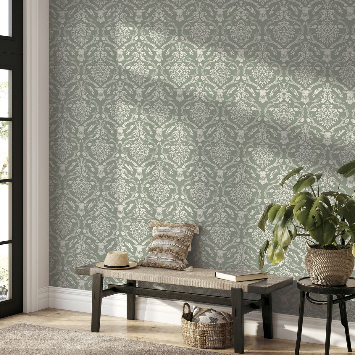 Arthouse Stag Damask Wallpaper, Sage Green – Traditional Stag, Thistle & Bird Design