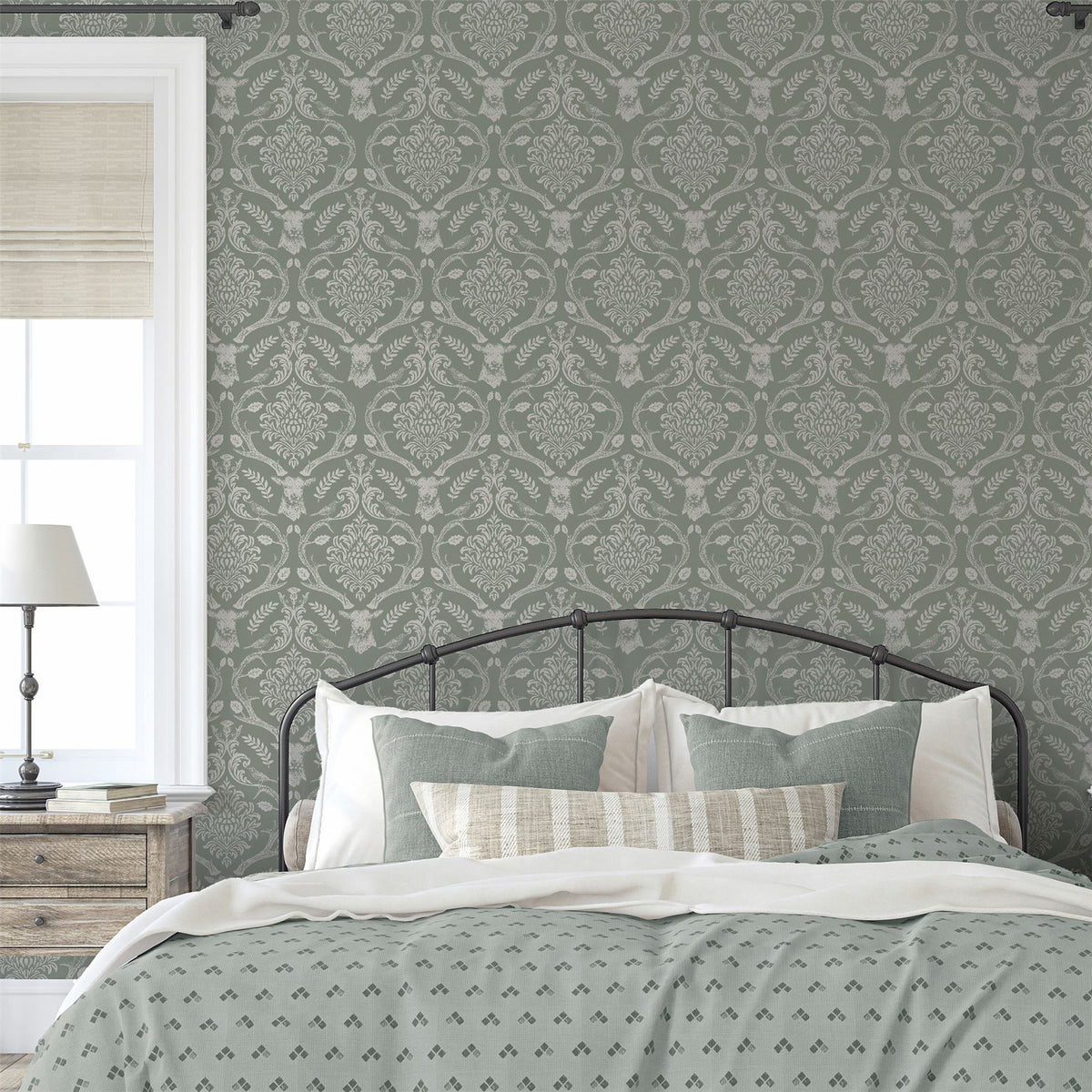 Arthouse Stag Damask Wallpaper, Sage Green – Traditional Stag, Thistle & Bird Design