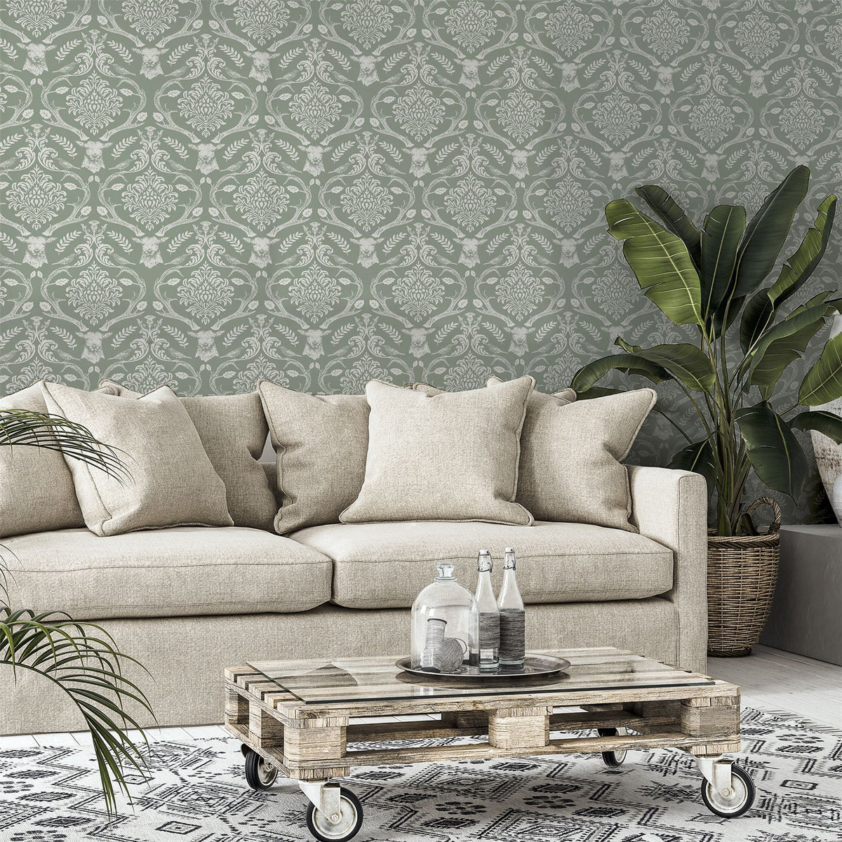 Arthouse Stag Damask Wallpaper, Sage Green – Traditional Stag, Thistle & Bird Design