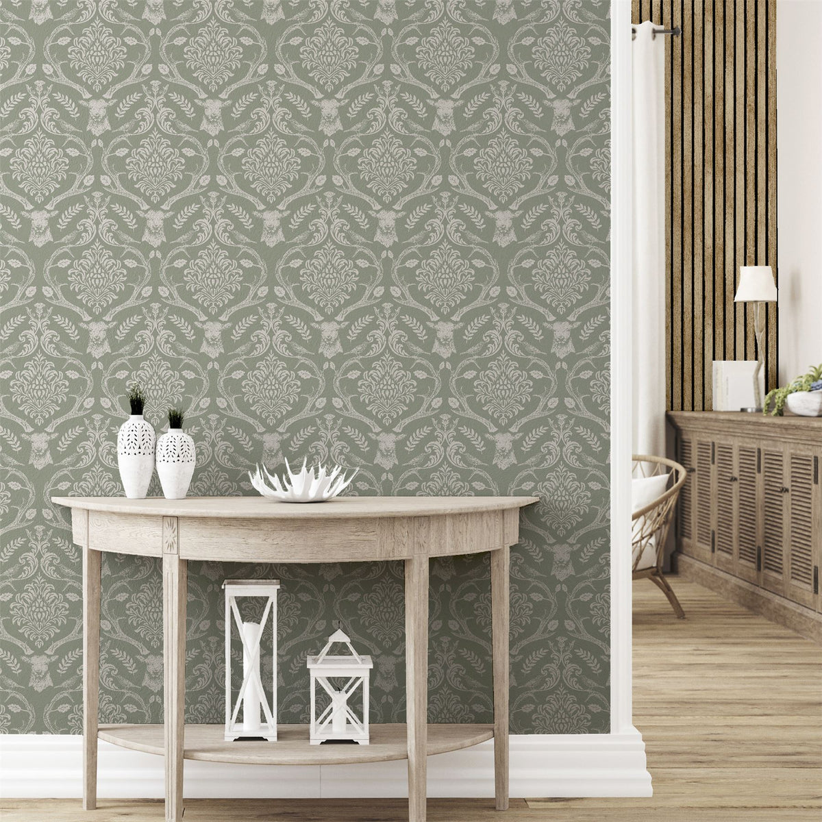 Arthouse Stag Damask Wallpaper, Sage Green – Traditional Stag, Thistle & Bird Design