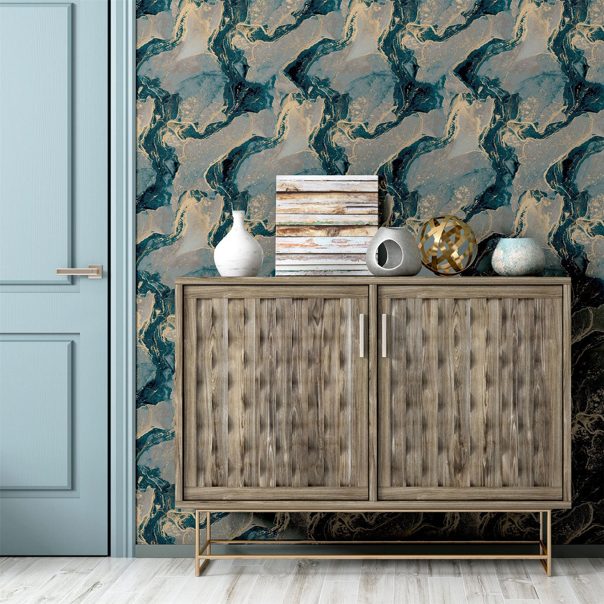 Arthouse Abstract Marble Wallpaper, Teal & Gold Metallic – Feature Wall Design for Living Rooms & Bedrooms