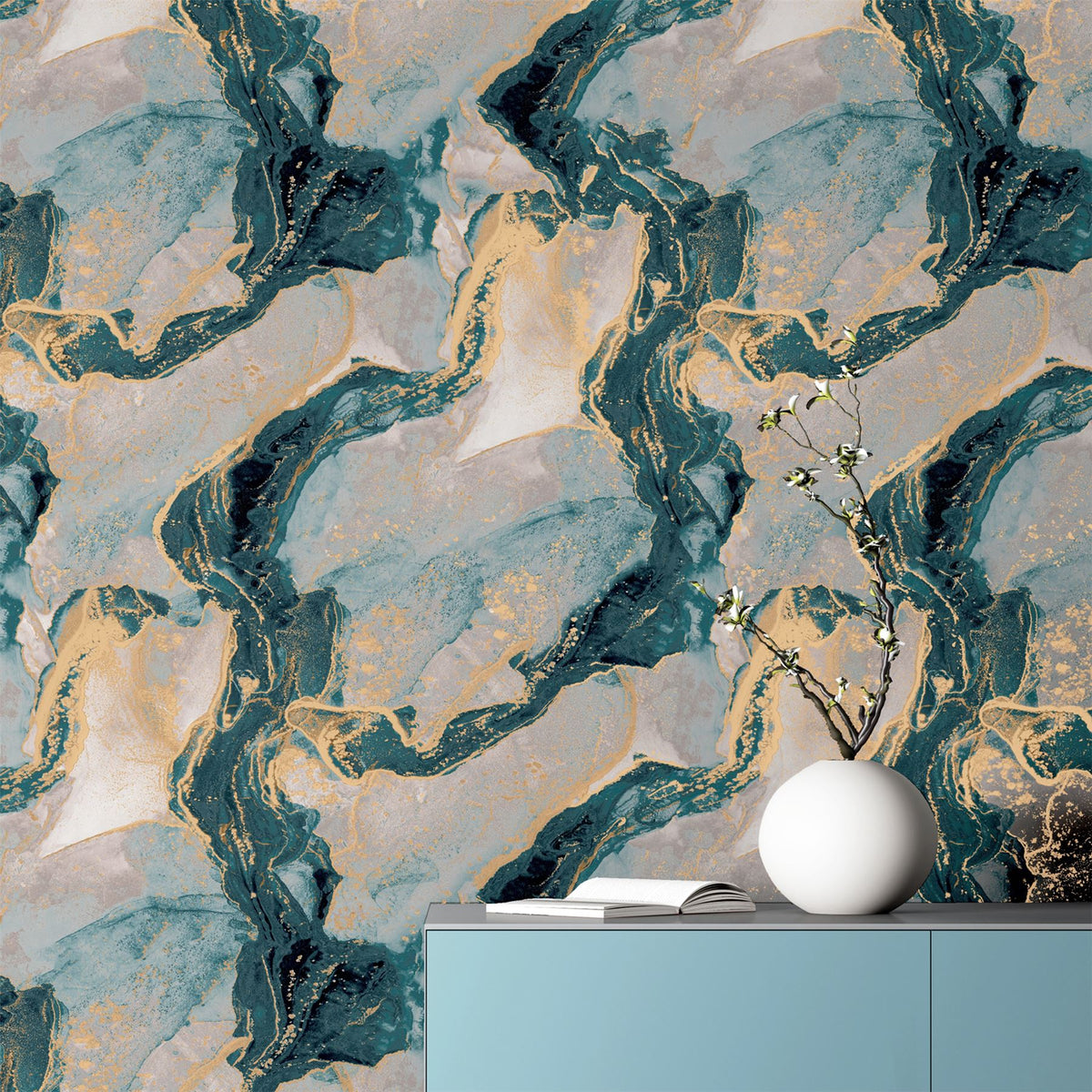 Arthouse Abstract Marble Wallpaper, Teal & Gold Metallic – Feature Wall Design for Living Rooms & Bedrooms