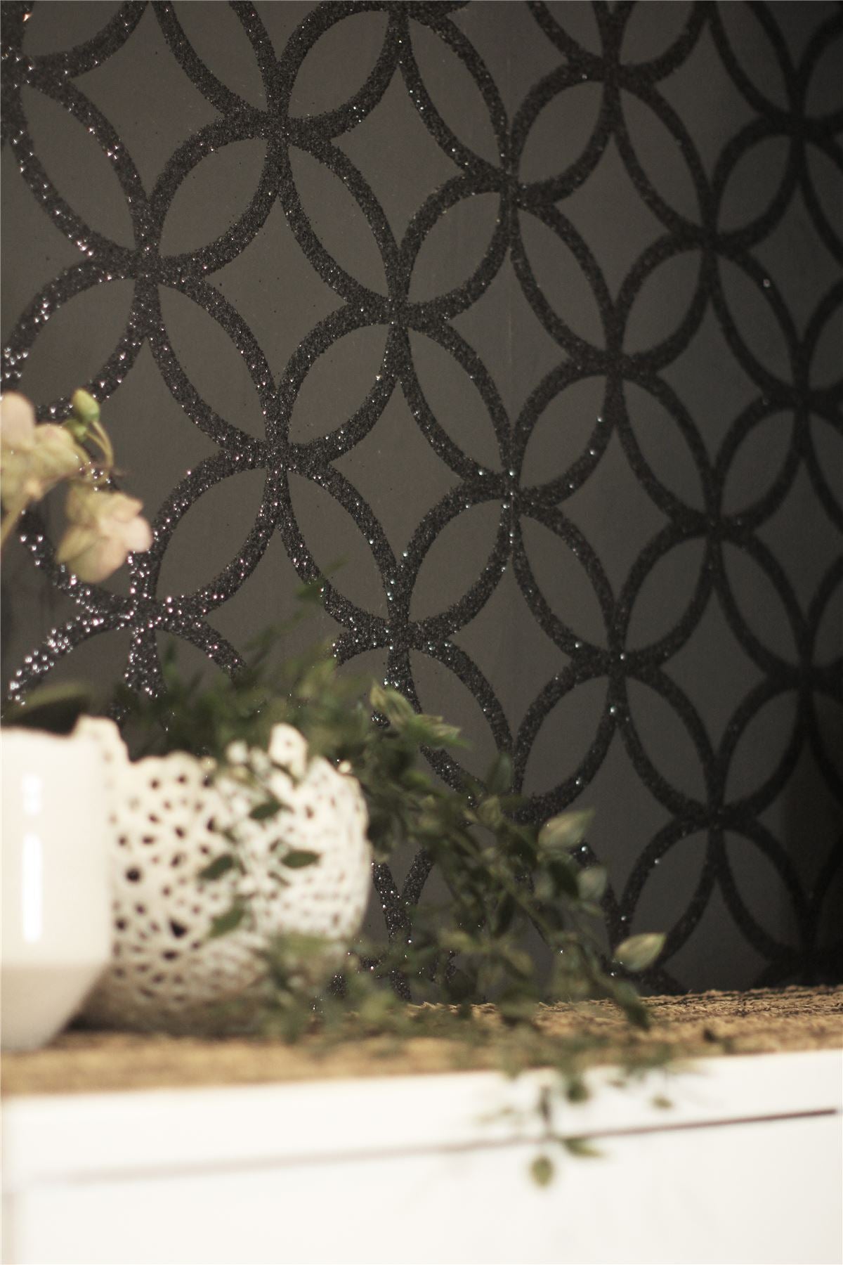Arthouse Sequin Geo Wallpaper, Black Glitter – Real Glitter Geometric Design on Matt Background