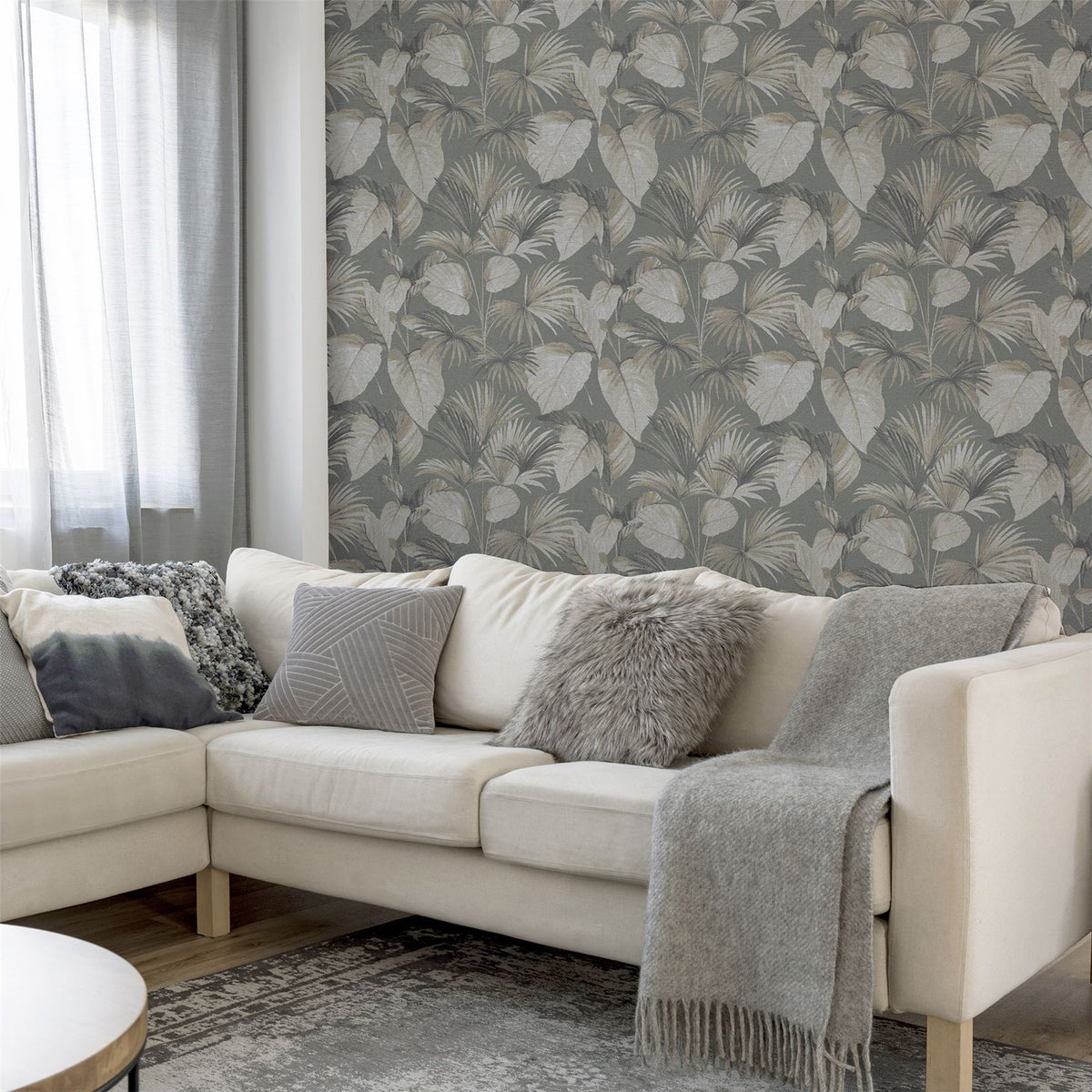 Arthouse Palm Grove Wallpaper – Paste the Wall Tropical Palm Leaf Feature Wall Covering, Grey and Beige