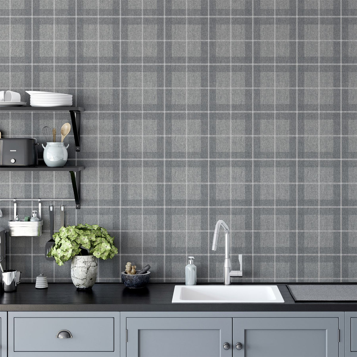 Arthouse Heritage Check Wallpaper – Paste the Paper Tartan Fabric Effect Wall Covering, Grey and Silver