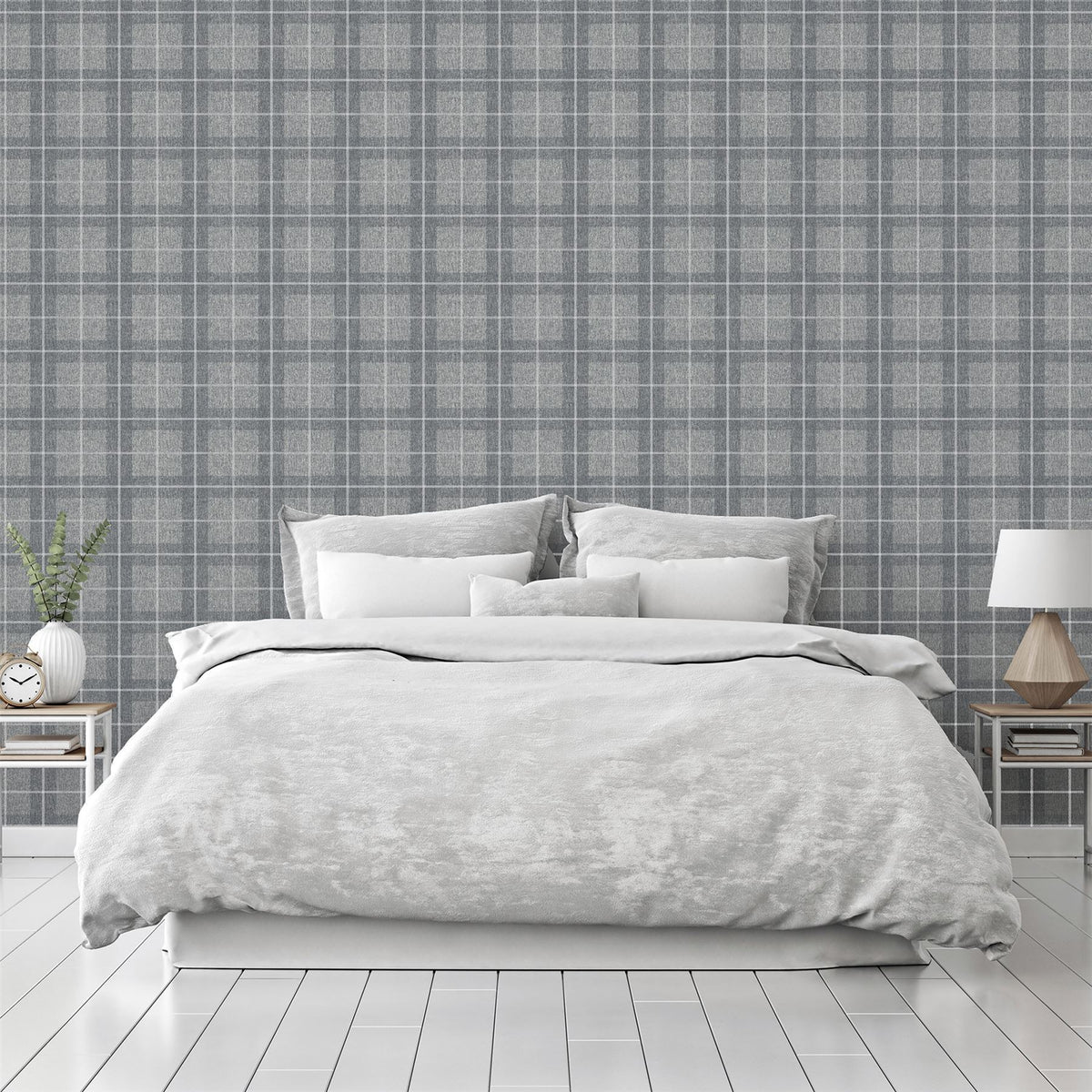 Arthouse Heritage Check Wallpaper – Paste the Paper Tartan Fabric Effect Wall Covering, Grey and Silver