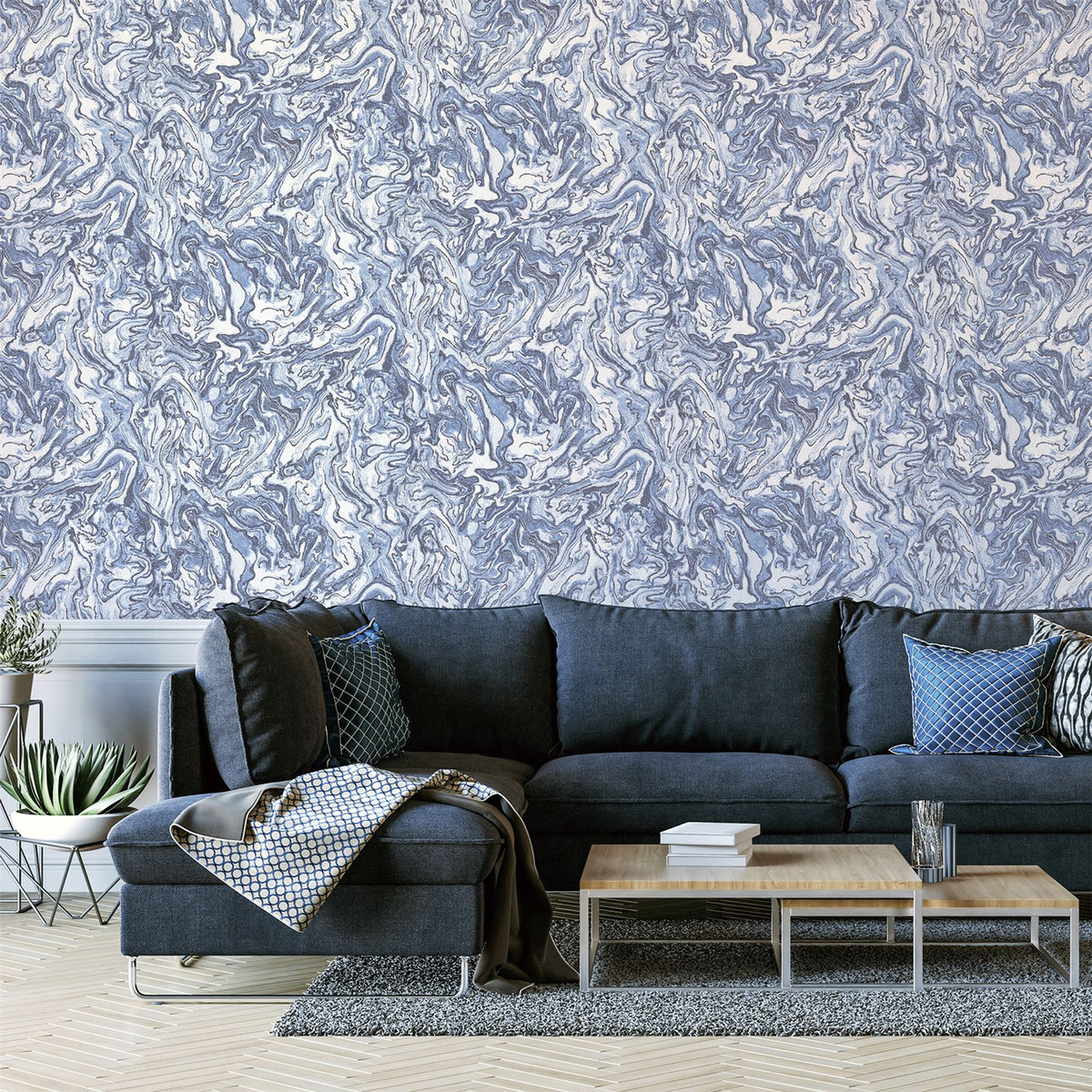 Arthouse Liquid Marble Wallpaper – Paste the Paper Marble Effect with Metallic Glitter, Navy