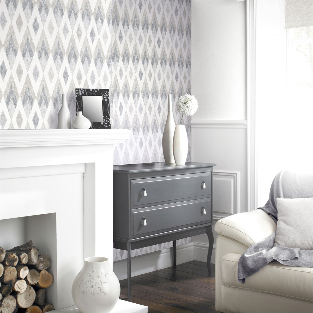 Arthouse Scandi Diamond Wallpaper – Paste the Paper Textured Geometric Diamond Design with Sheen, Silver