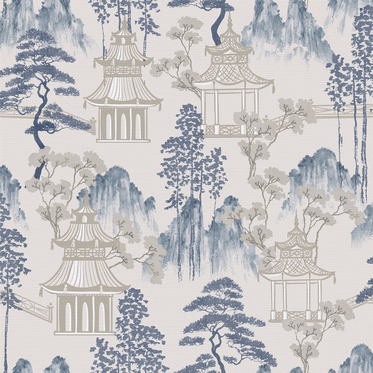 Arthouse Japanese Pagoda Wallpaper – Paste the Paper Blossom and Mountain Design, Blue Grey on Off-White