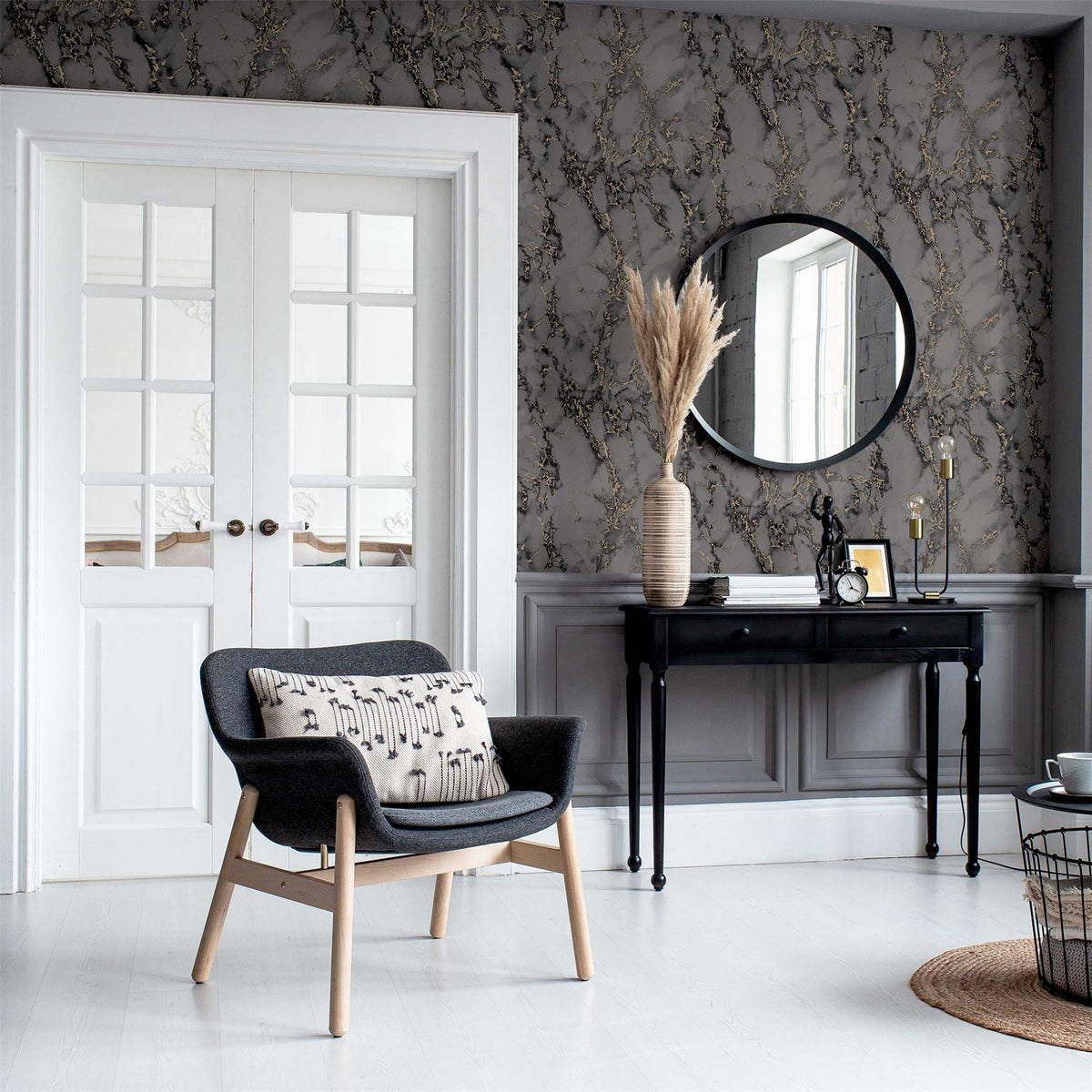Arthouse Carrara Marble Wallpaper – Understated Marble Effect for Living Rooms and Kitchens, Charcoal