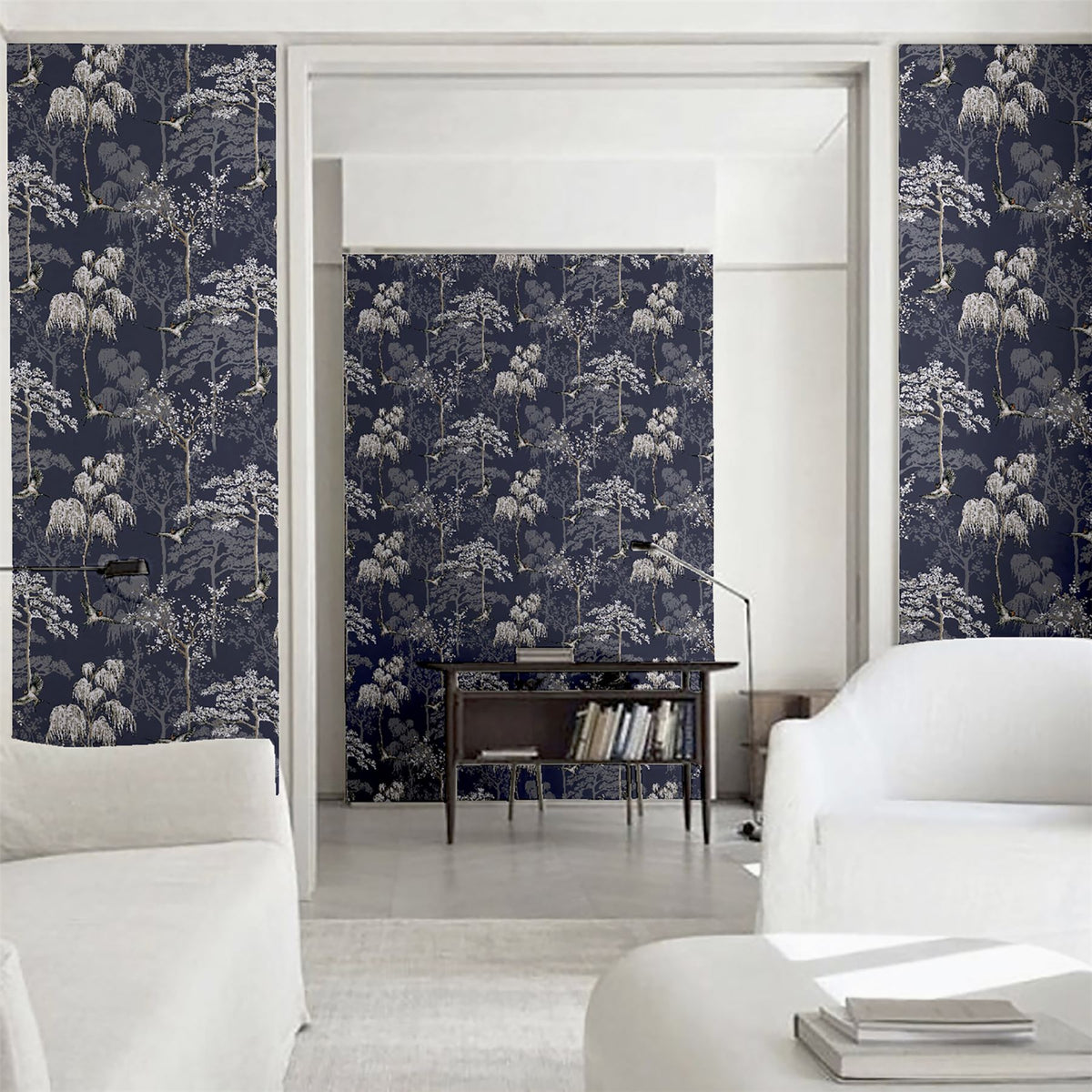 Arthouse Japanese Garden Wallpaper – Hand Drawn Oriental Trees and Birds with Pearlescent Highlights, Blue