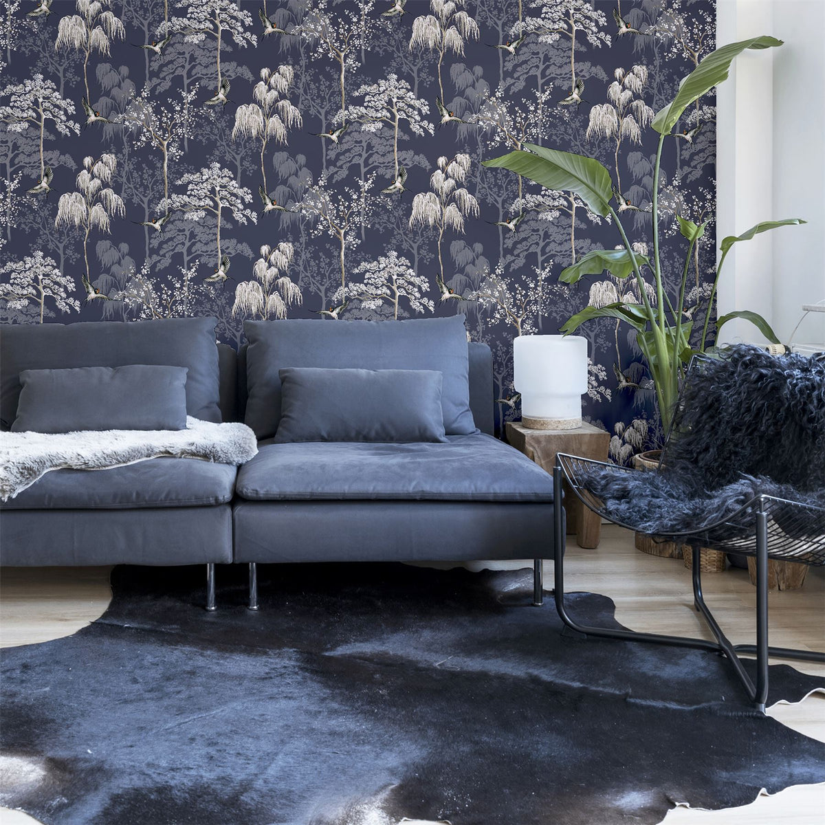 Arthouse Japanese Garden Wallpaper – Hand Drawn Oriental Trees and Birds with Pearlescent Highlights, Blue