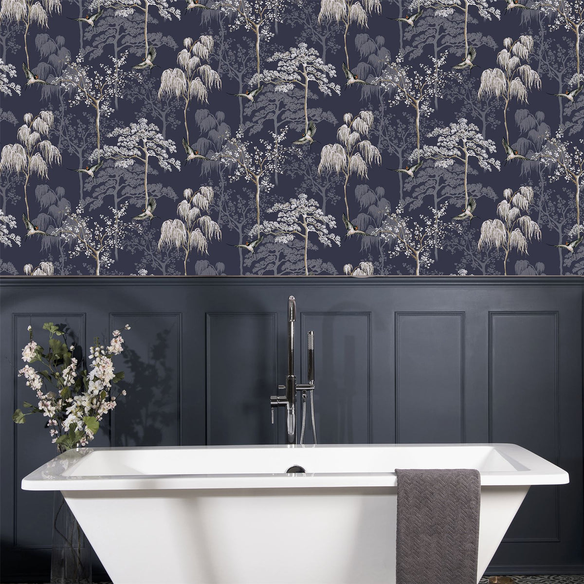 Arthouse Japanese Garden Wallpaper – Hand Drawn Oriental Trees and Birds with Pearlescent Highlights, Blue