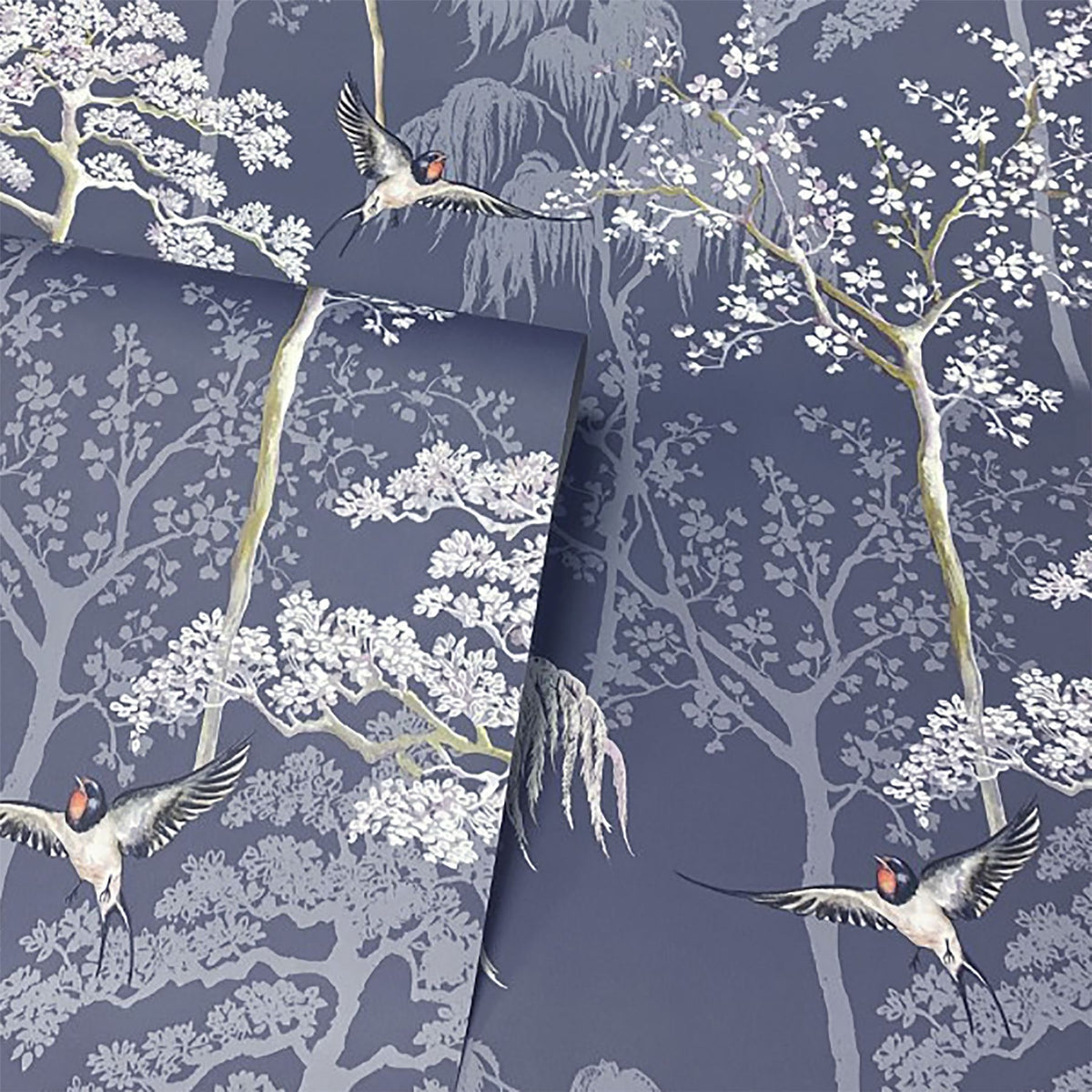 Arthouse Japanese Garden Wallpaper – Hand Drawn Oriental Trees and Birds with Pearlescent Highlights, Blue