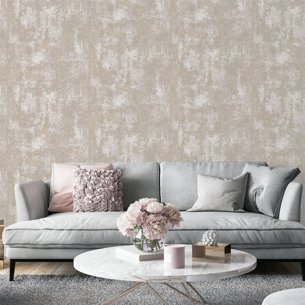 Arthouse Stone Textures Wallpaper – Rough Stone Effect with Metallic Highlights, Blush Pink and Rose Gold