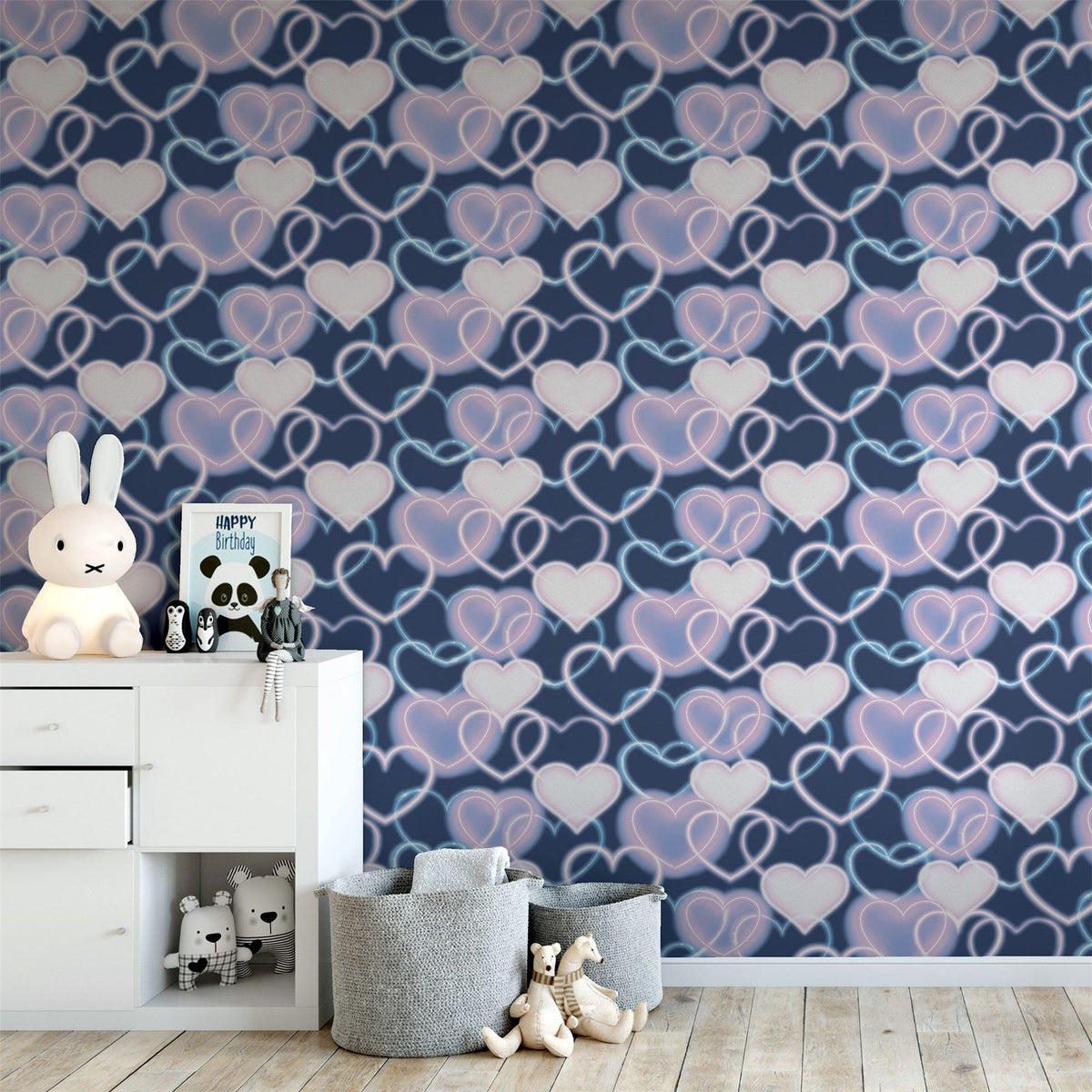 Arthouse Neon Heart Wall Wallpaper – Fun Noughties-Style Heart Print for Teen Bedrooms, Navy and Pink