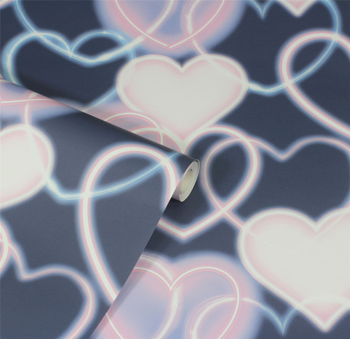 Arthouse Neon Heart Wall Wallpaper – Fun Noughties-Style Heart Print for Teen Bedrooms, Navy and Pink