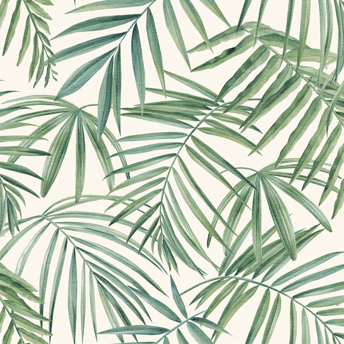 Arthouse Palm Leaves Wallpaper – Layered Tropical Leaf Design on a Light Cream Background, Green