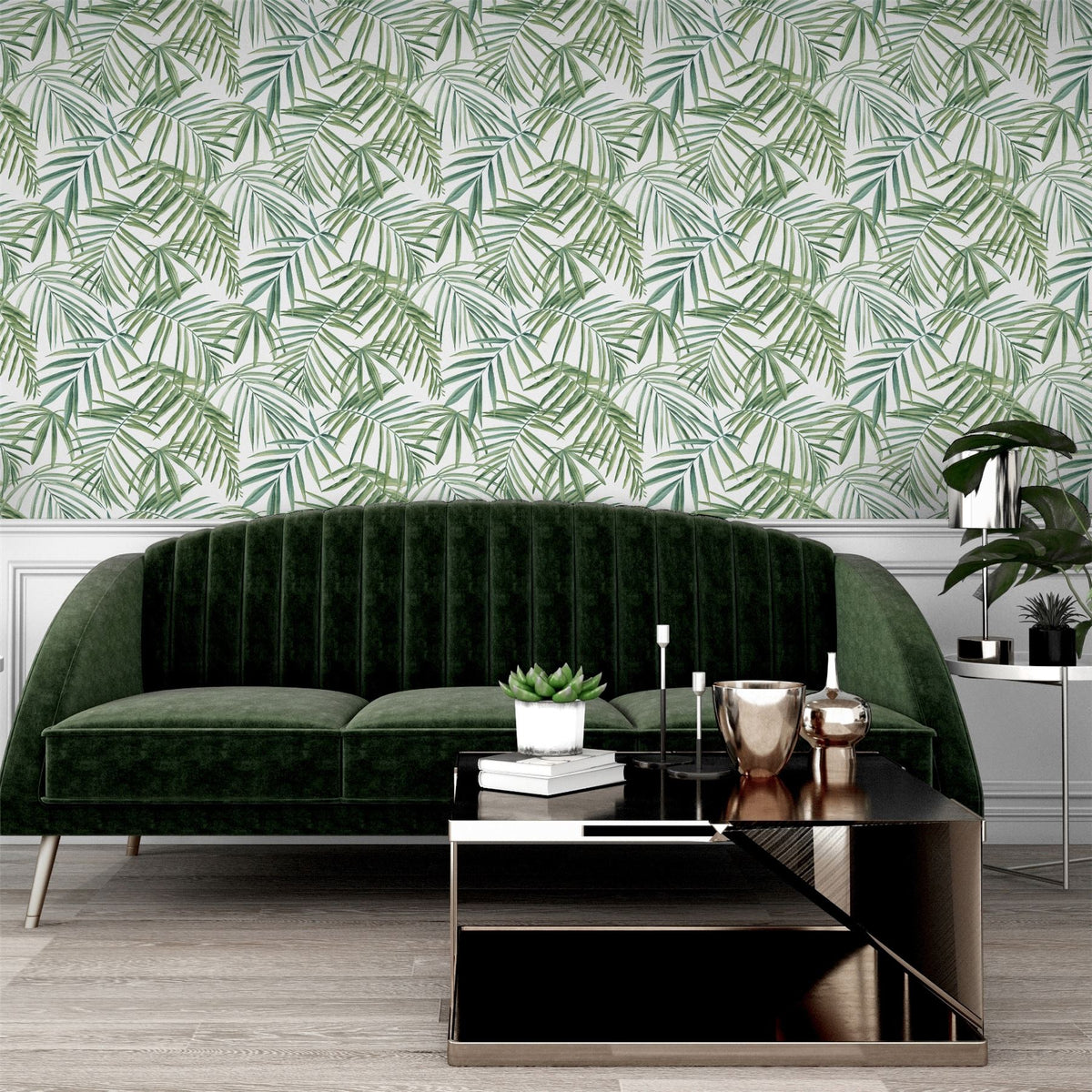 Arthouse Palm Leaves Wallpaper – Layered Tropical Leaf Design on a Light Cream Background, Green
