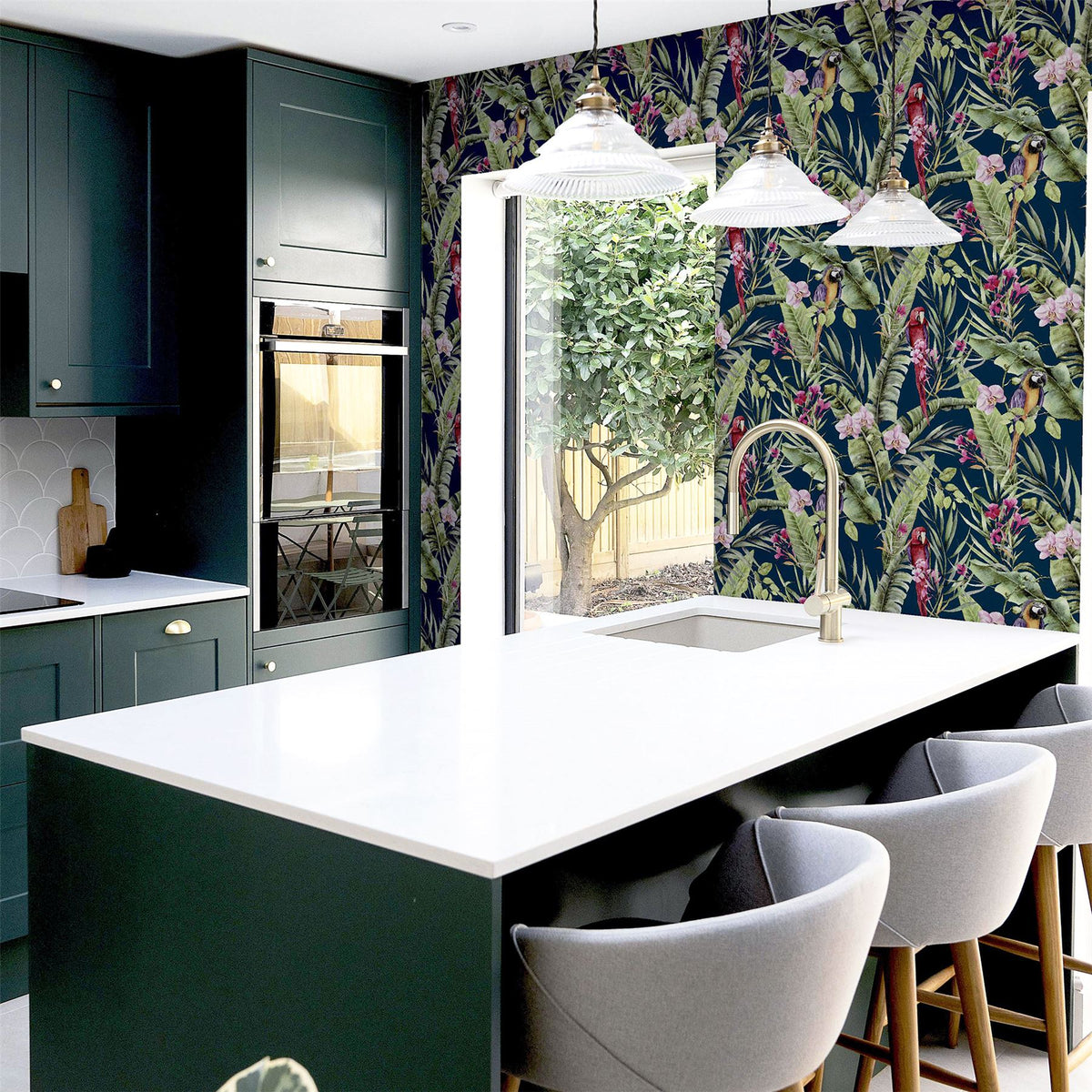 Arthouse Pretty Polly Wallpaper – Tropical Jungle Design with Colourful Parrots and Botanical Motifs, Navy