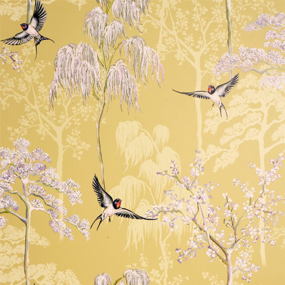 Arthouse Japanese Garden Wallpaper – Hand Drawn Oriental Trees and Birds with Pearlescent Highlights, Ochre