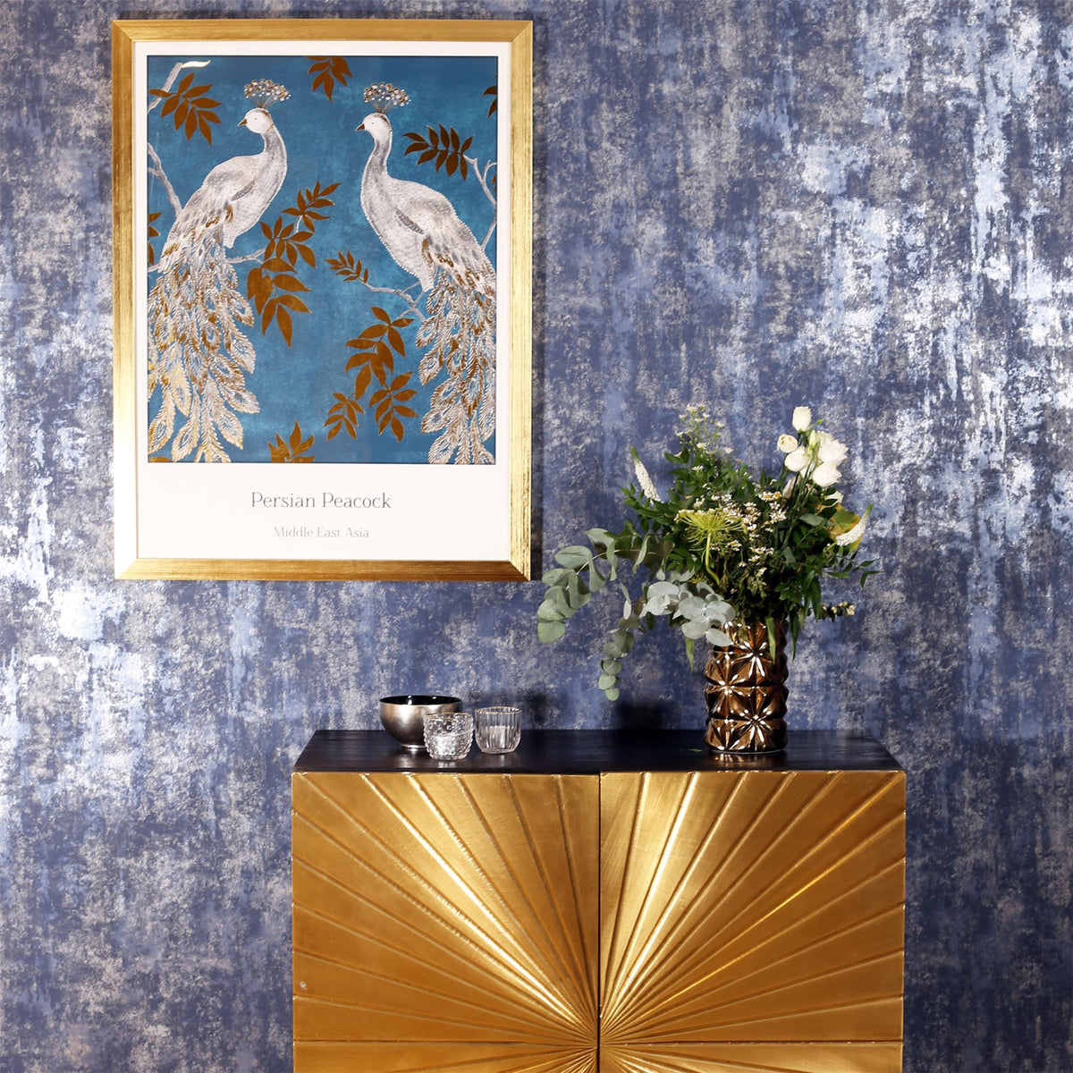 Arthouse Stone Textures Wallpaper with Metallic Highlights – Feature Wall Covering, Navy & Silver