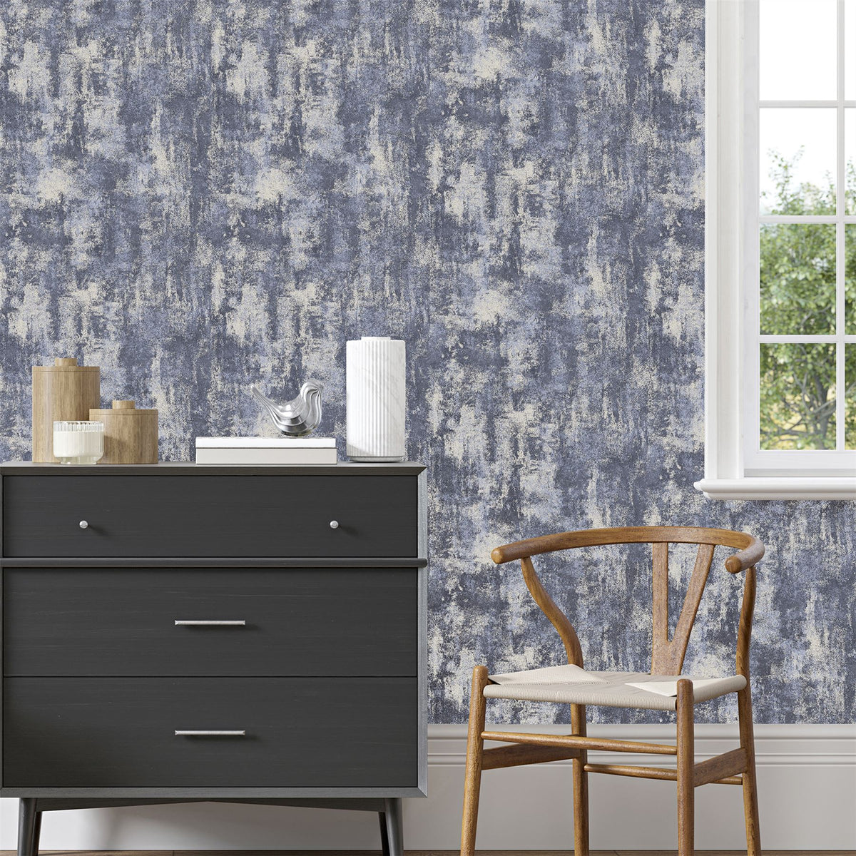 Arthouse Stone Textures Wallpaper with Metallic Highlights – Feature Wall Covering, Navy & Silver