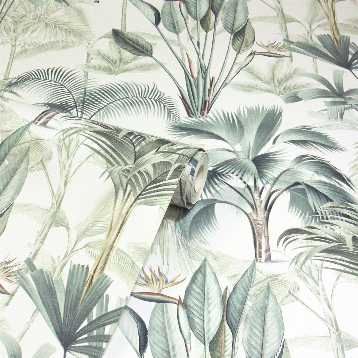 Arthouse King Palm Tropical Wallpaper with Palms & Birds of Paradise – Feature Wall Covering, Green
