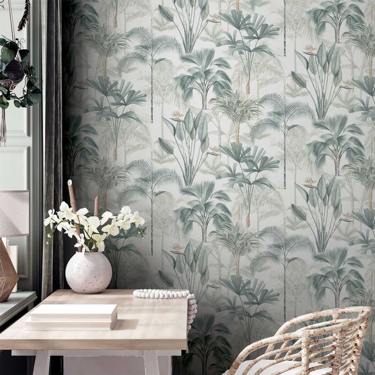 Arthouse King Palm Tropical Wallpaper with Palms & Birds of Paradise – Feature Wall Covering, Green