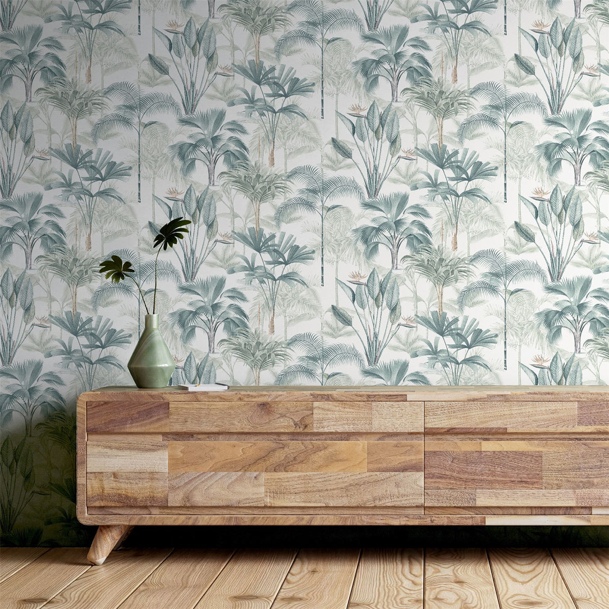 Arthouse King Palm Tropical Wallpaper with Palms & Birds of Paradise – Feature Wall Covering, Green