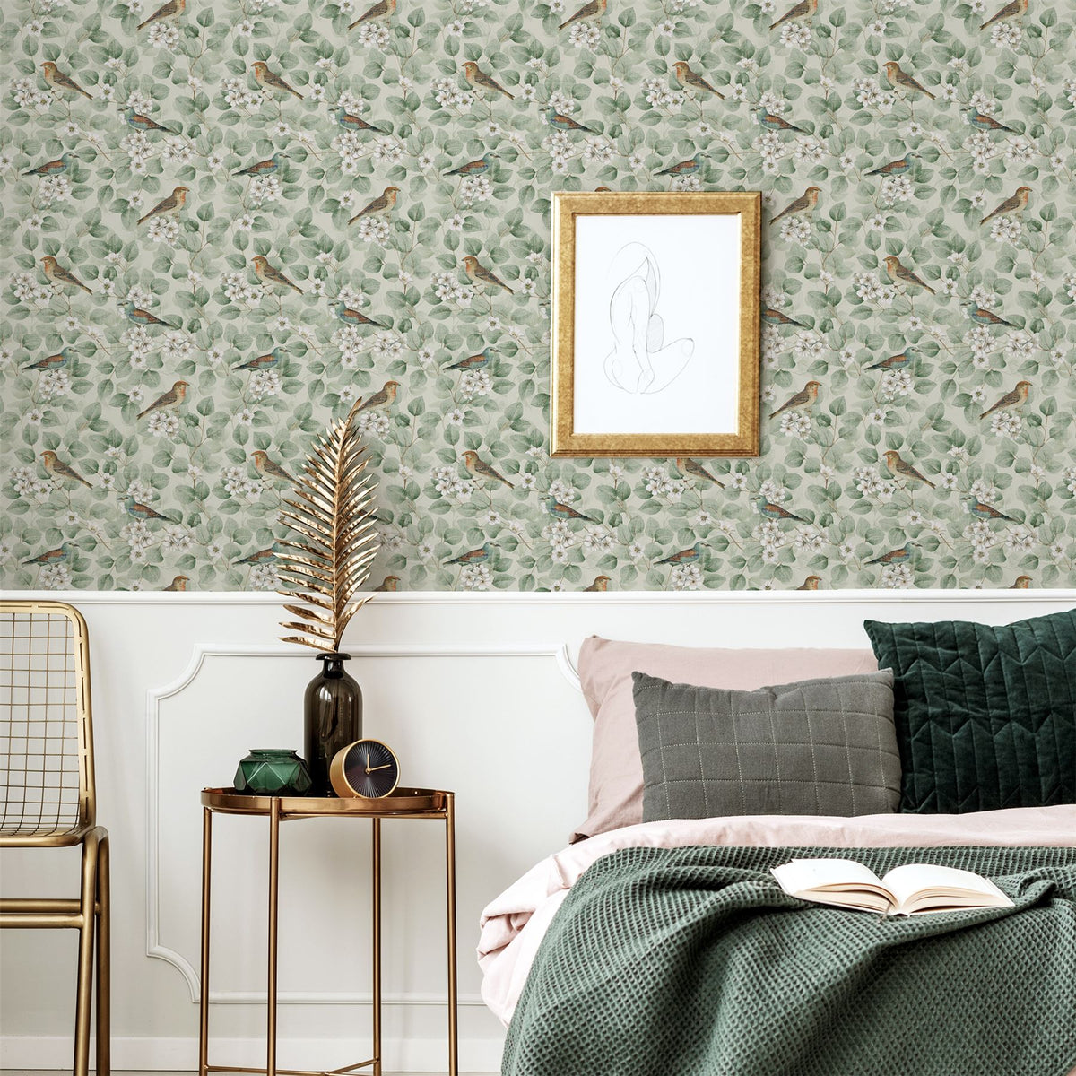 Arthouse Birds & Blossoms Vintage-Style Wallpaper – Paste the Paper Floral Feature Wall Covering, Green