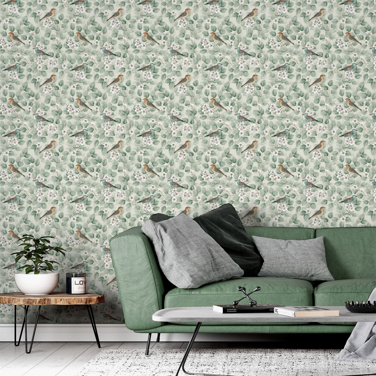 Arthouse Birds & Blossoms Vintage-Style Wallpaper – Paste the Paper Floral Feature Wall Covering, Green