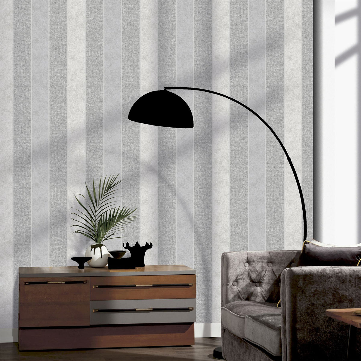 Arthouse Calico Stripe Blown Vinyl Wallpaper with Fabric-Look Texture – Paste the Paper, Grey