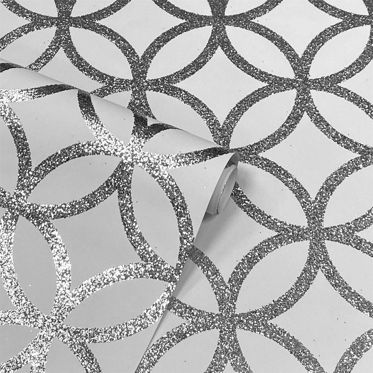 Arthouse Sequin Geo Wallpaper with Real Glitter – Paste the Wall Sparkly Feature Wall Covering, White & Silver
